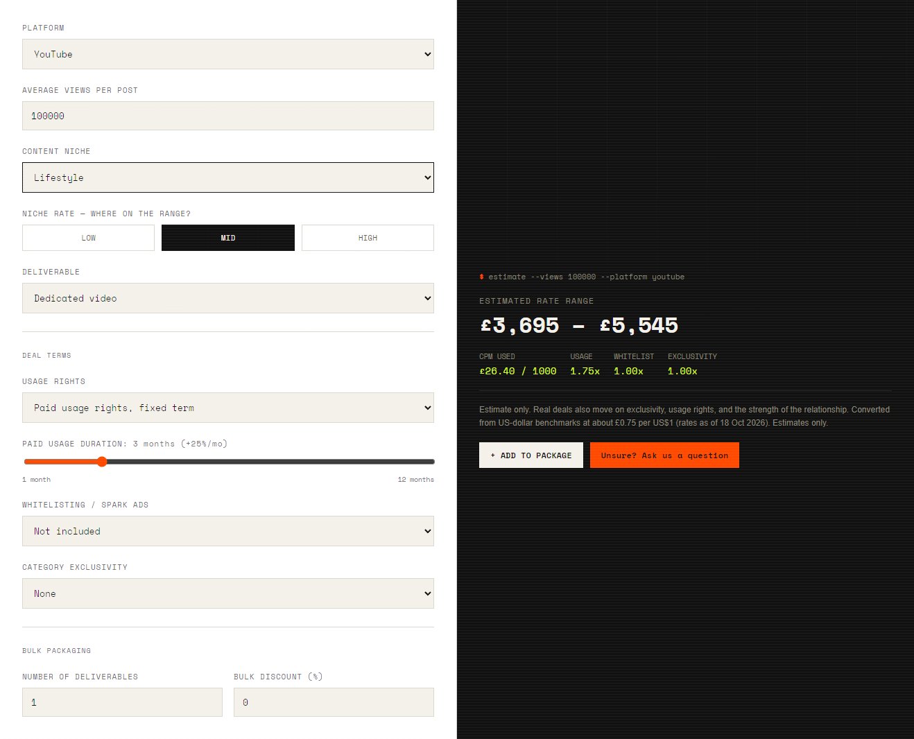 CEG's package builder showing a YouTube dedicated video with 100,000 views and three months of paid usage rights, giving an estimated range of £3,695 to £5,545